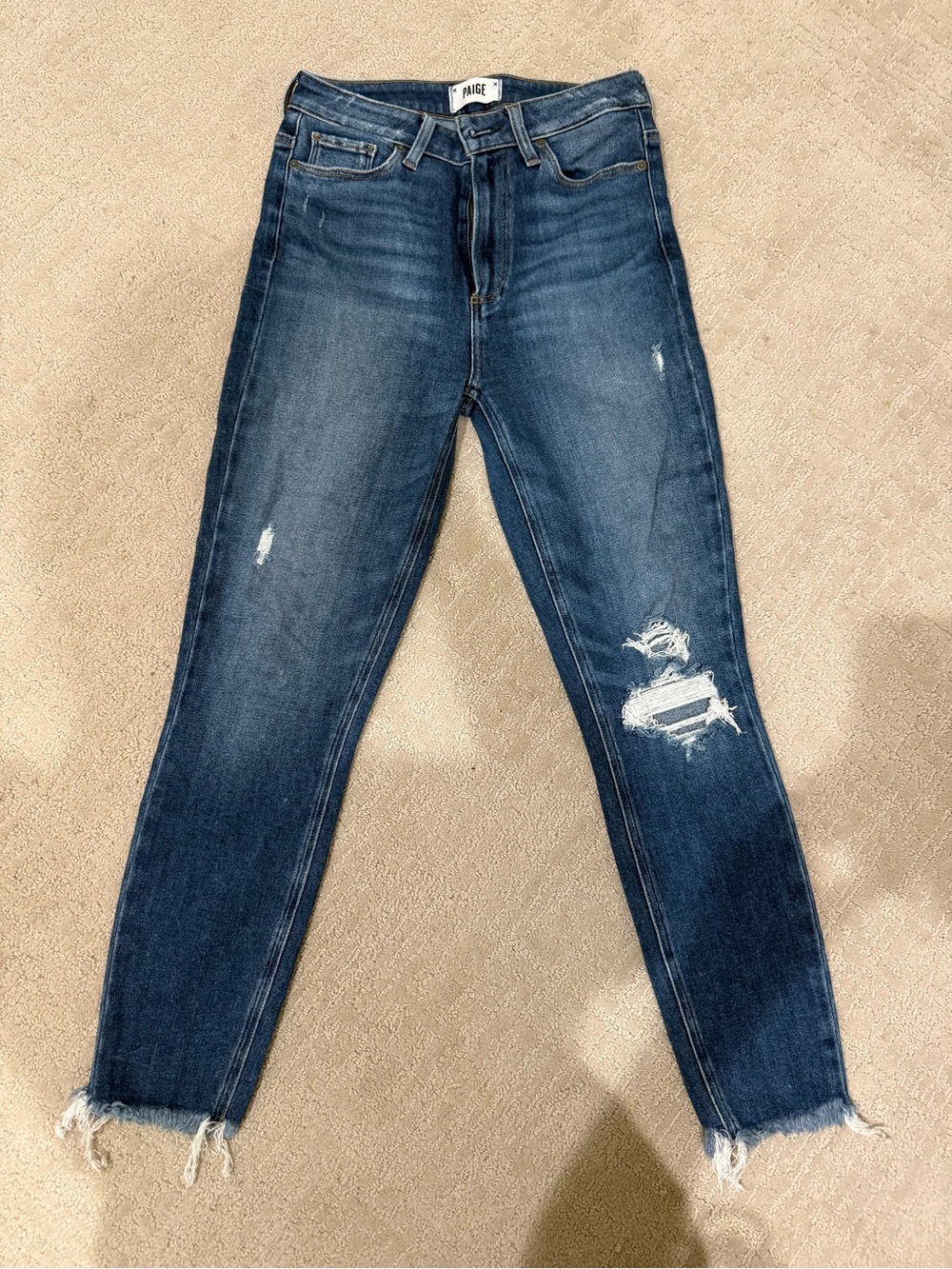 PAIGE Dark Blue Distressed High-Rise Skinny Jeans